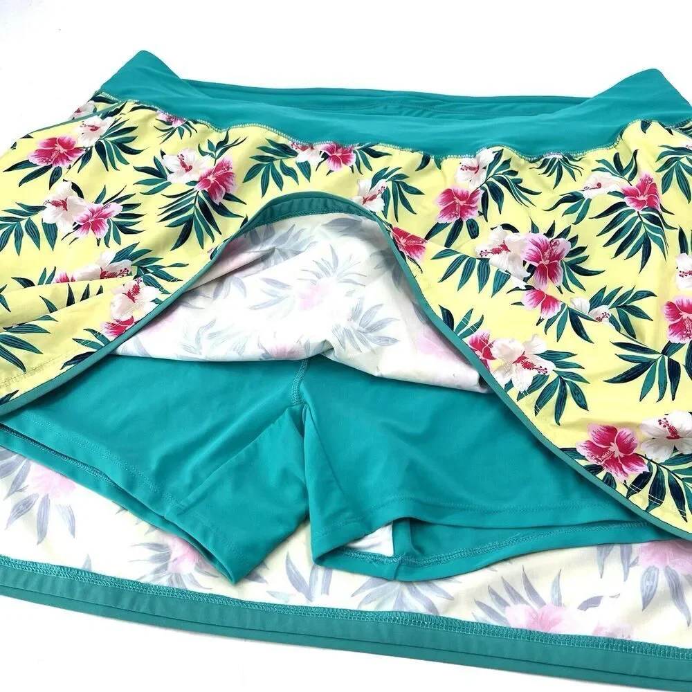 Lands' End Green Yellow Tropical Floral Lined Swim Skirt